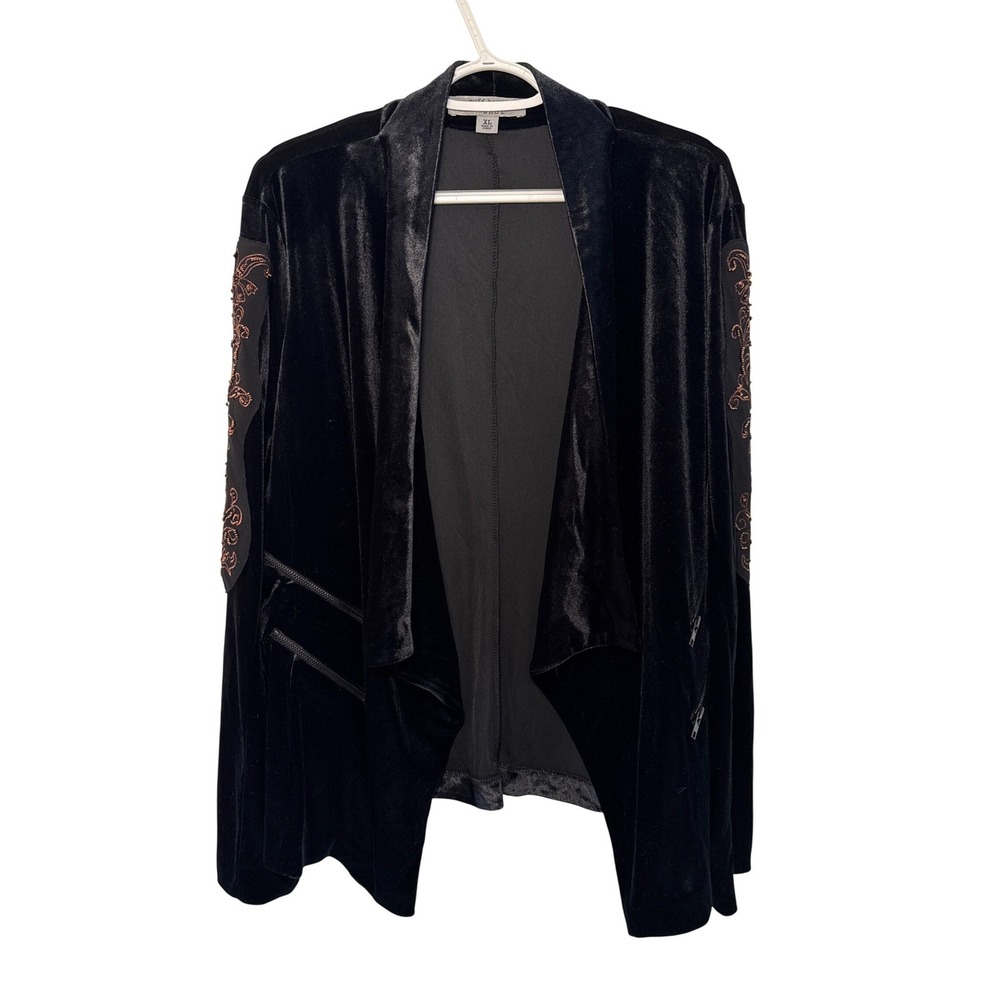 Ruff‎ Hewn Grey Black Velvet Open Front Cardigan Jacket XL Embroidered Sequins